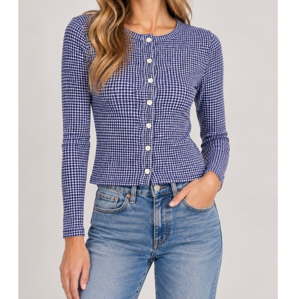 NEW J.Crew Navy White Gingham Mesh Cardigan Long Sleeve Button Front CV174 XXS